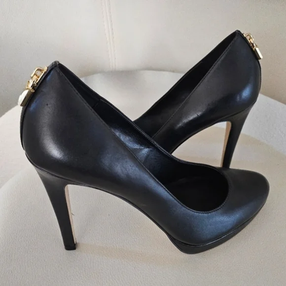 Michael Kors Black Leather Heels with Gold Accent - Picture 4 of 9